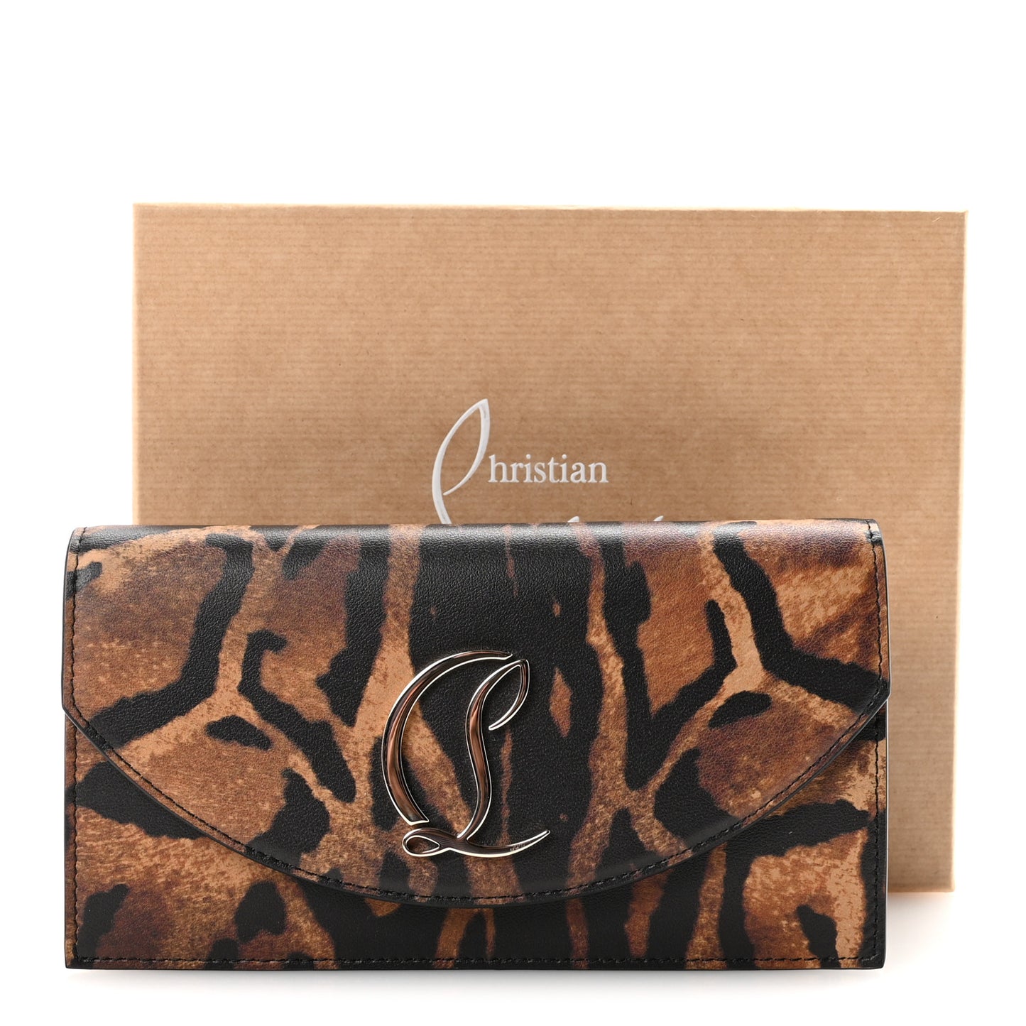 Calfskin Kitty Print Loubi54 Chain Clutch Brown Gold
