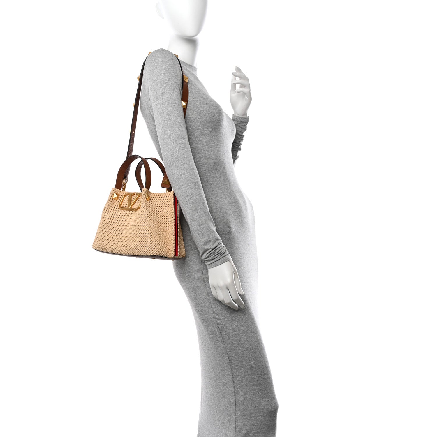 Valentino Garavani Raffia Grained Calfskin Small Rockstud Vlogo Tote Naturale 2 of 9