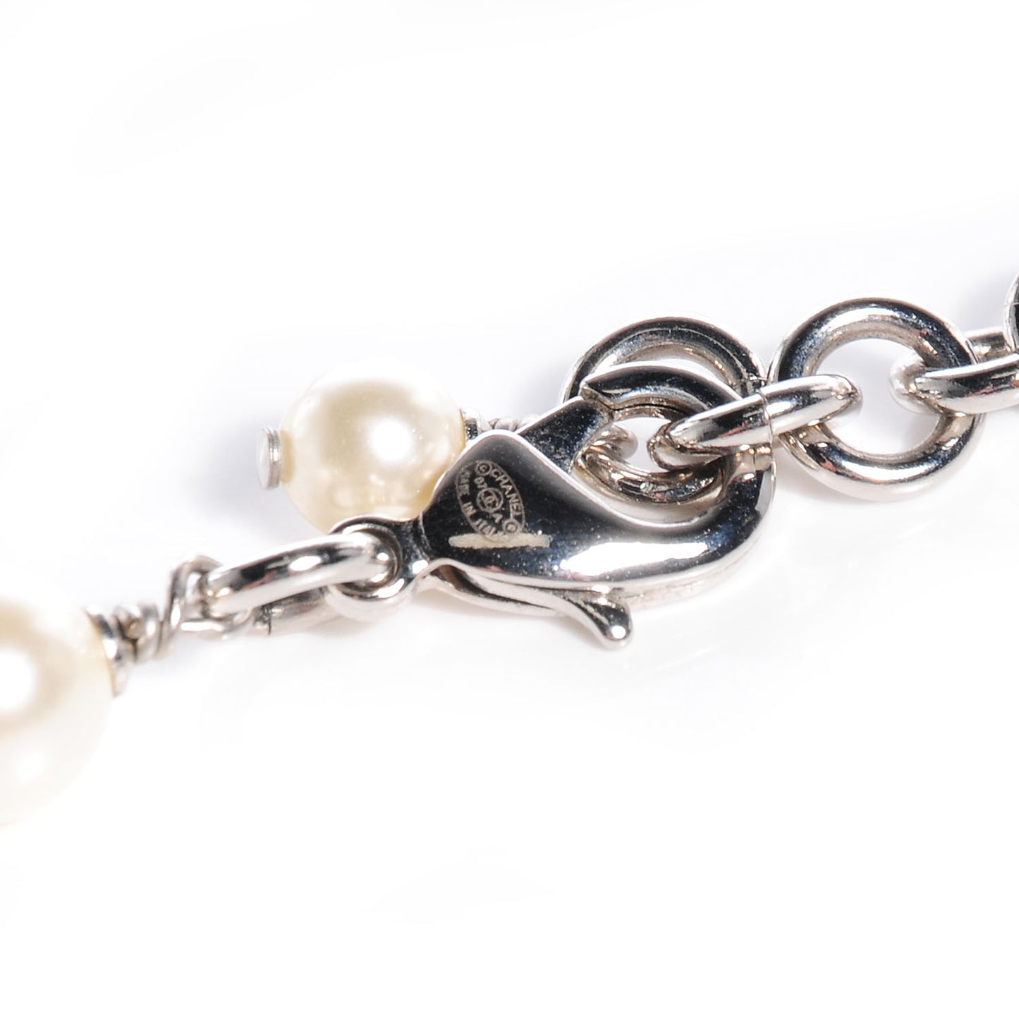 Crystal Pearl CC Long Necklace Silver