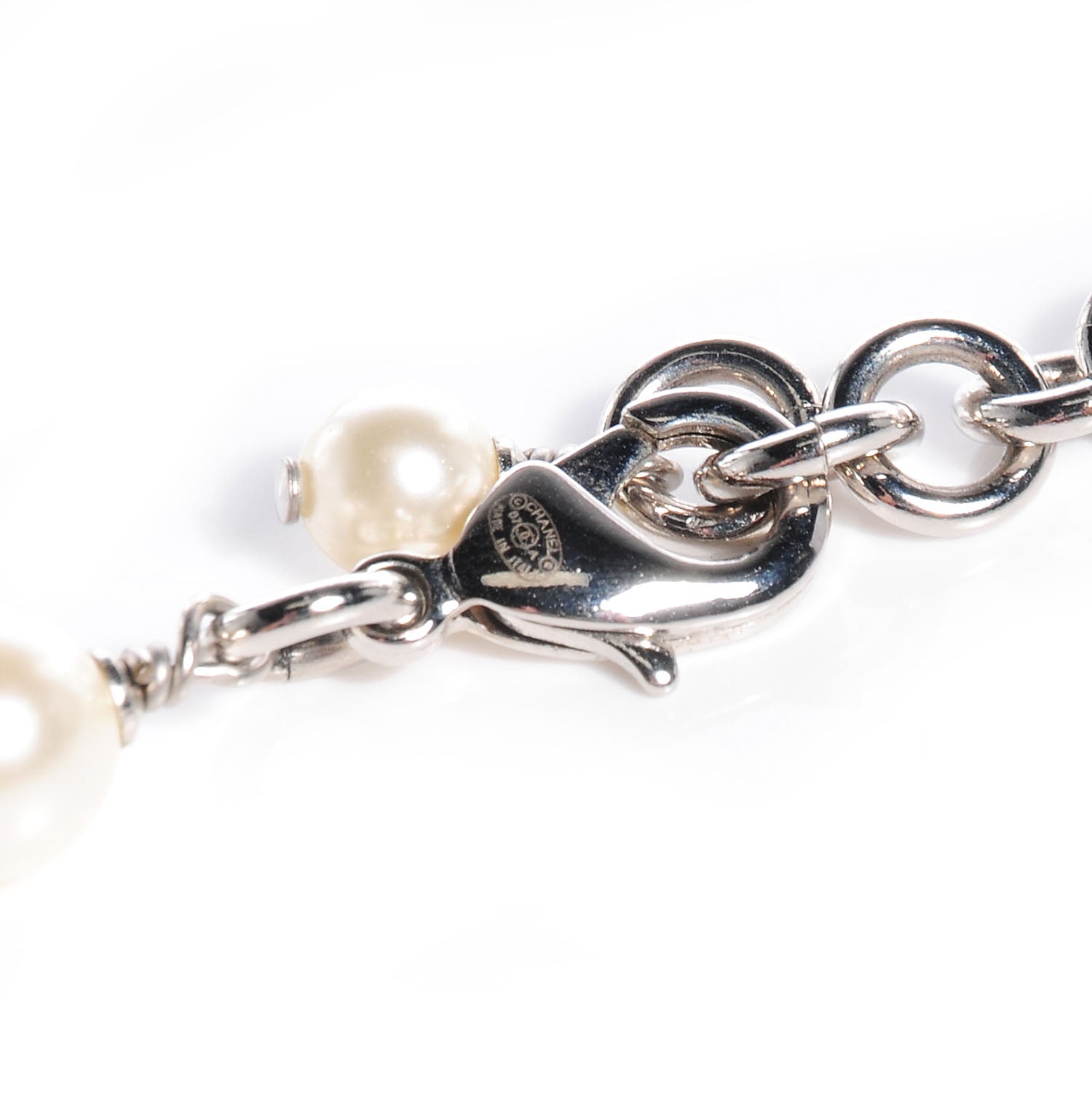 Chanel Crystal Pearl CC Long Necklace Silver 4 of 5
