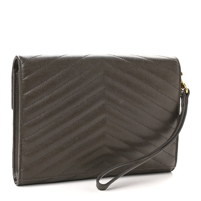 Saint Laurent Grain De Poudre Matelasse Chevron Monogram Envelope Clutch Earth 3 of 9