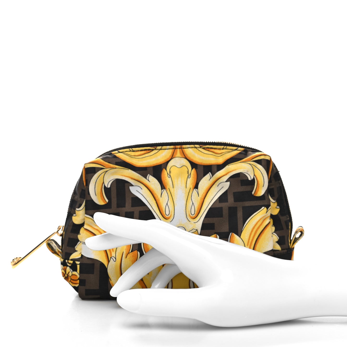 X VERSACE Nylon Fendace FF Baroque Print Small Trapezoid Beauty Pouch Gold