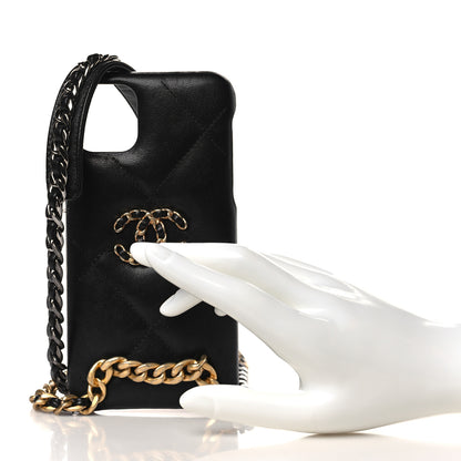 Chanel Shiny Goatskin Quilted 19 iPhone XI Pro Max Holder With Chain Black 2 of 11