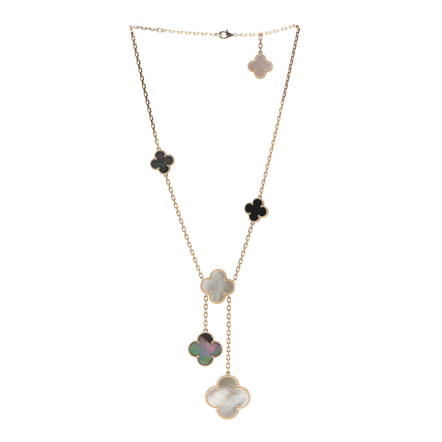 18K Yellow Gold Mother of Pearl Onyx 6 Motifs Magic Alhambra Necklace