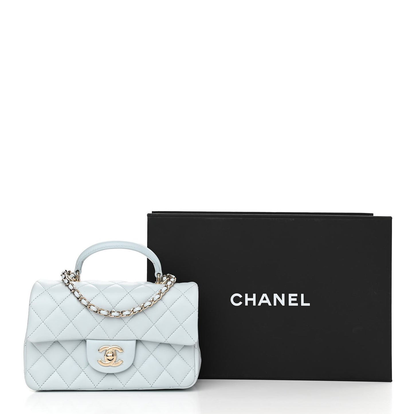 Lambskin Quilted Mini Top Handle Rectangular Flap Light Blue