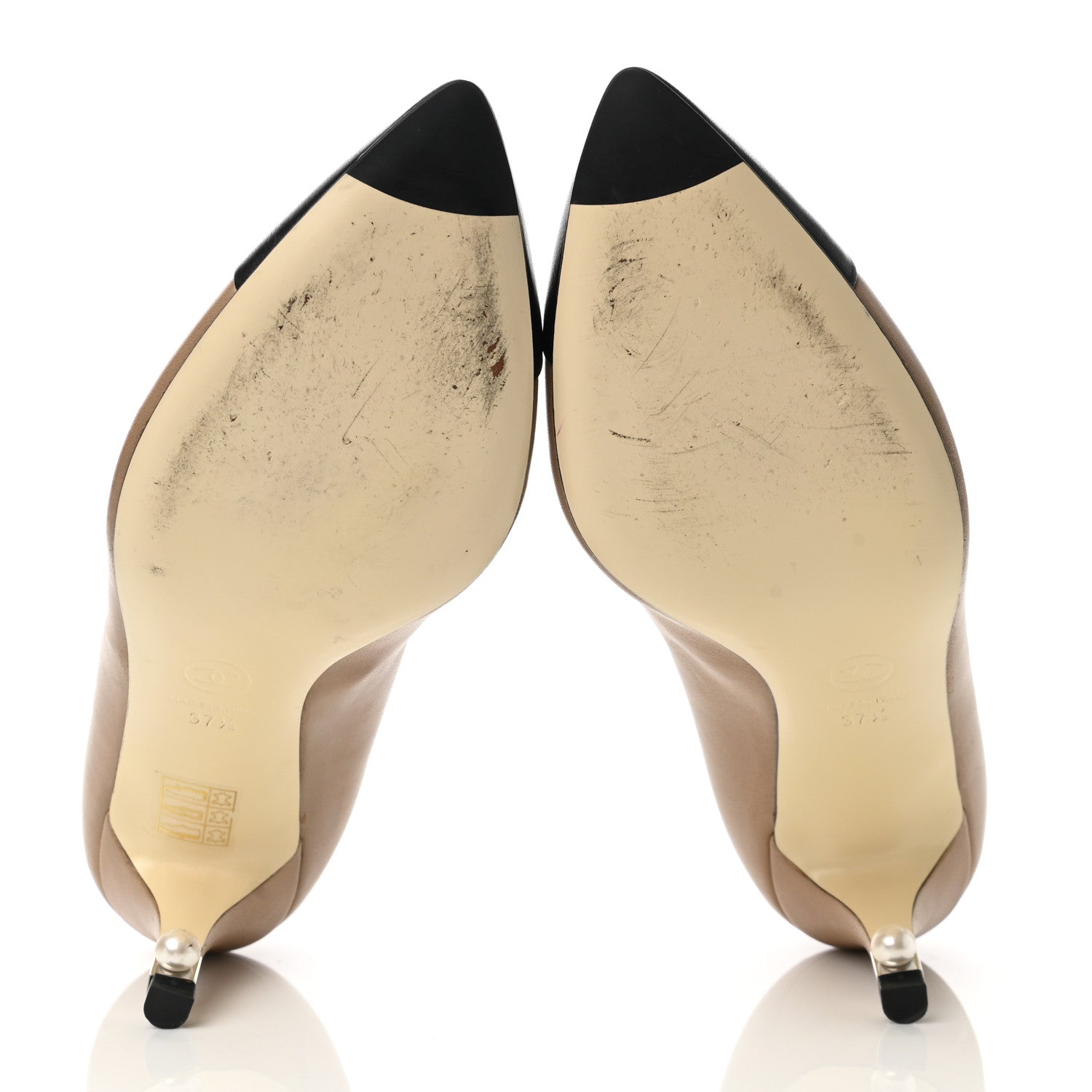 Chanel Lambskin Cap Toe Pearl Pumps 37.5 Beige Black 5 of 8
