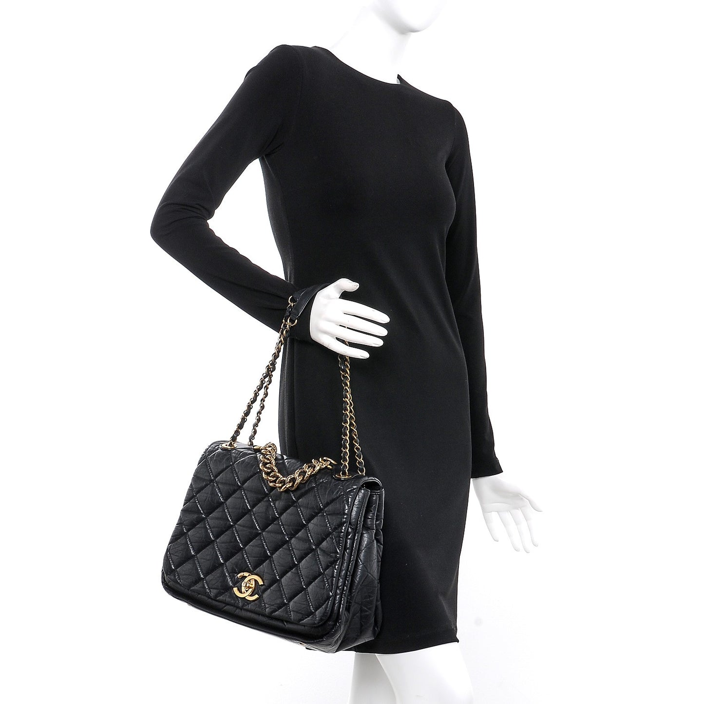 Aged Calfskin Quilted Large Pondichery Flap Black
