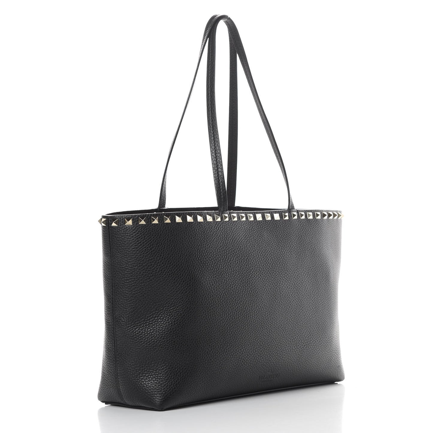Grained Calfskin Small Rockstud Shoulder Tote Black