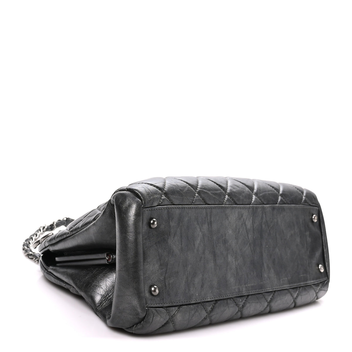 Iridescent Aged Calfskin Quilted Large Mademoiselle Bowling Bag Grey