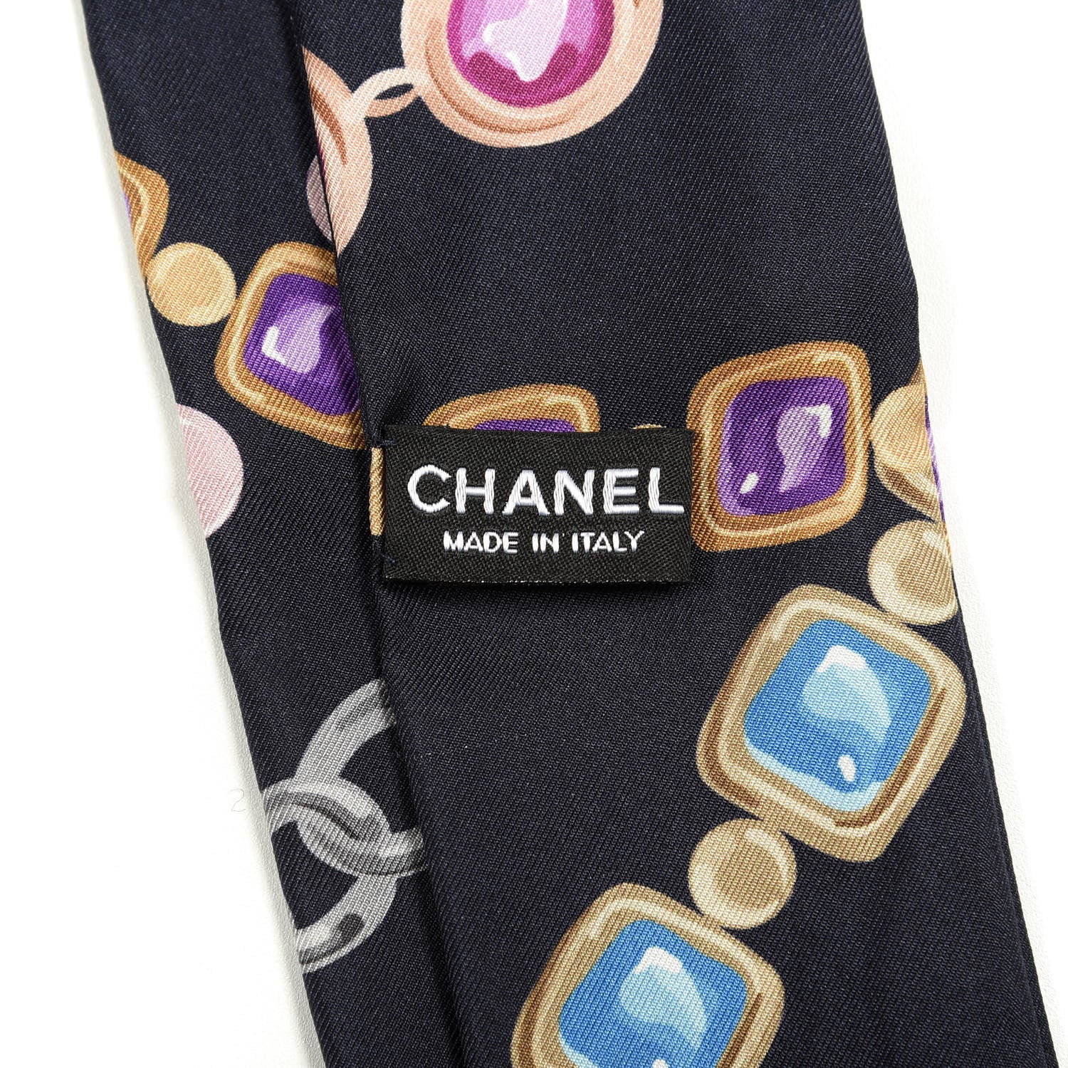 Chanel Silk Pearl CC Chain Slim Bandeau Scarf Navy Blue 3 of 4