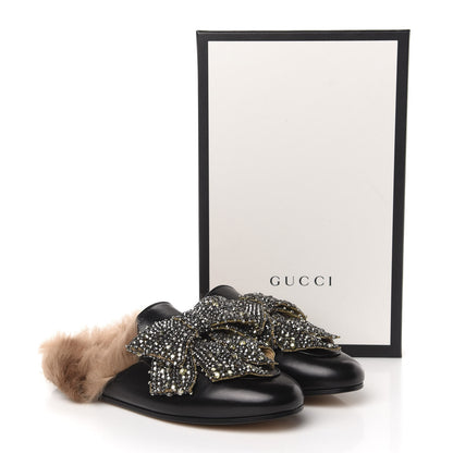 Gucci Malaga Kid Fur Crystal Bow Embroidered Womens Princetown Slippers 37.5 Black 9 of 9