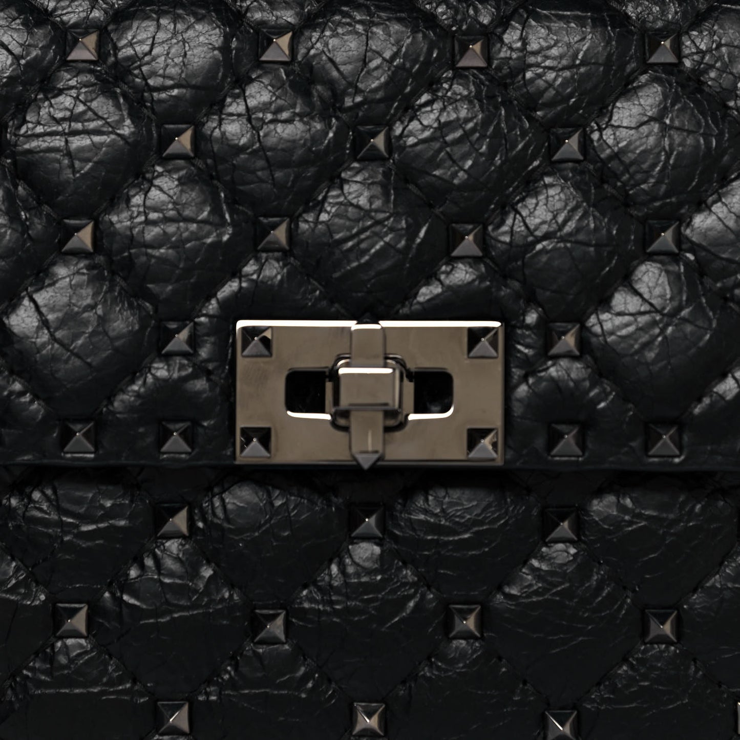Craquele Nappa Medium Rockstud Spike Shoulder Bag Black