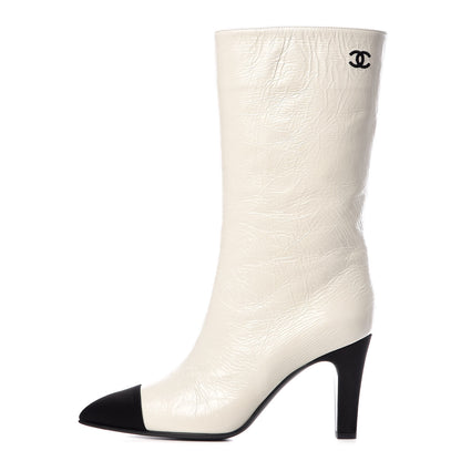 Chanel Crumpled Calfskin Satin Cap Toe Short Boots 38.5 White Black 1 of 12