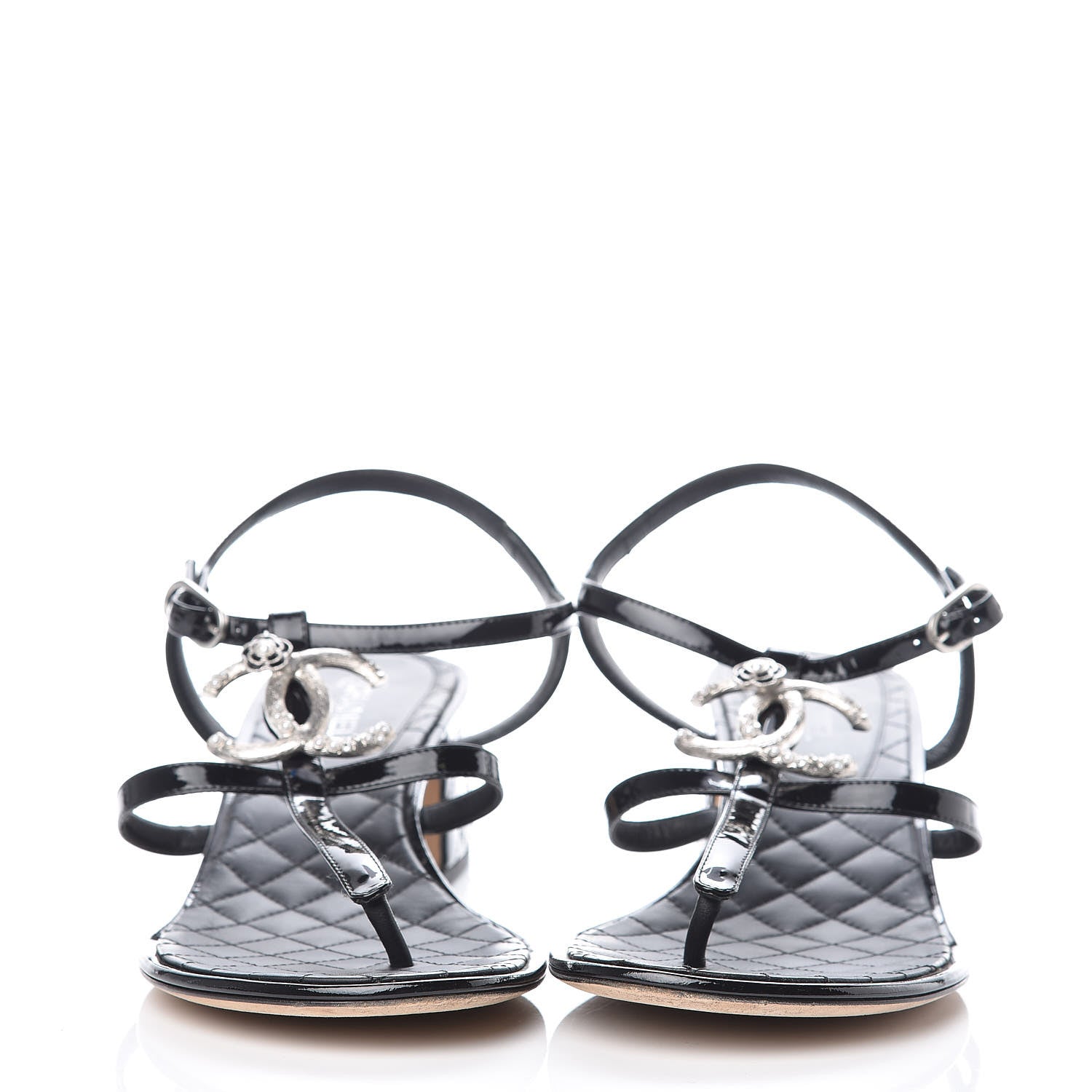Chanel Calfskin Patent Quilted CC Sandals 41 Black 2 of 11