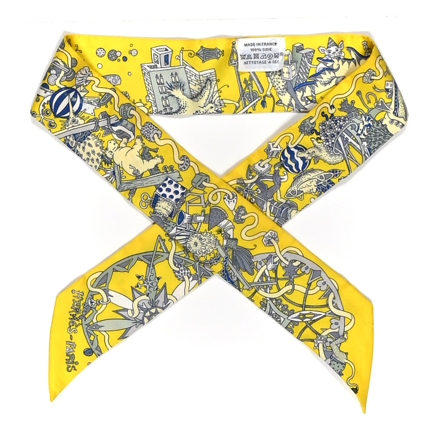 Hermes Silk La Folle Parade Twilly Jaune Vif Bleu Gris 1800685