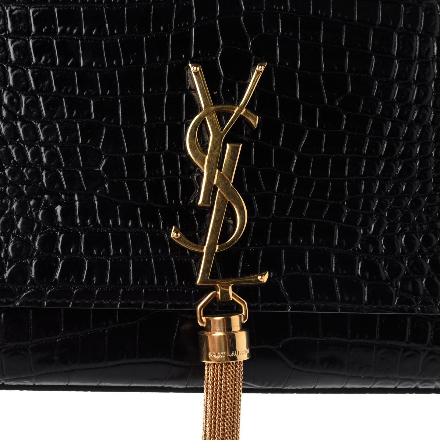 Calfskin Crocodile Embossed Medium Classic Monogram Kate Tassel Satchel Black