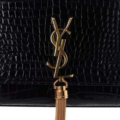 Saint Laurent Calfskin Crocodile Embossed Medium Classic Monogram Kate Tassel Satchel Black 4 of 4