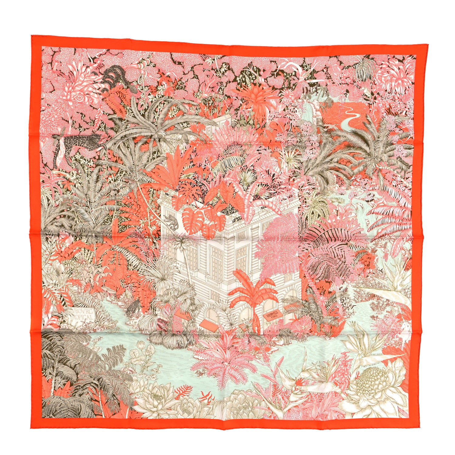 Hermes Silk Faubourg Tropical Scarf 90 Orange Kaki Saumon 1 of 5