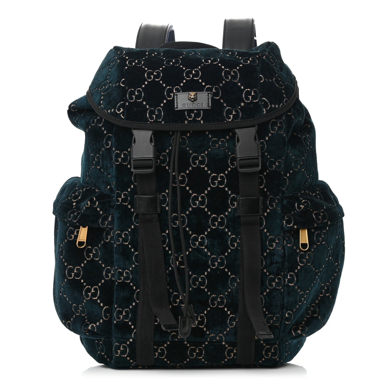 Gucci Velvet GG Monogram Web Medium Double Buckle Backpack Blue Beige Black 1 of 16