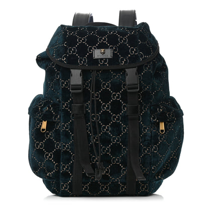 Gucci Velvet GG Monogram Web Medium Double Buckle Backpack Blue Beige Black 1 of 16