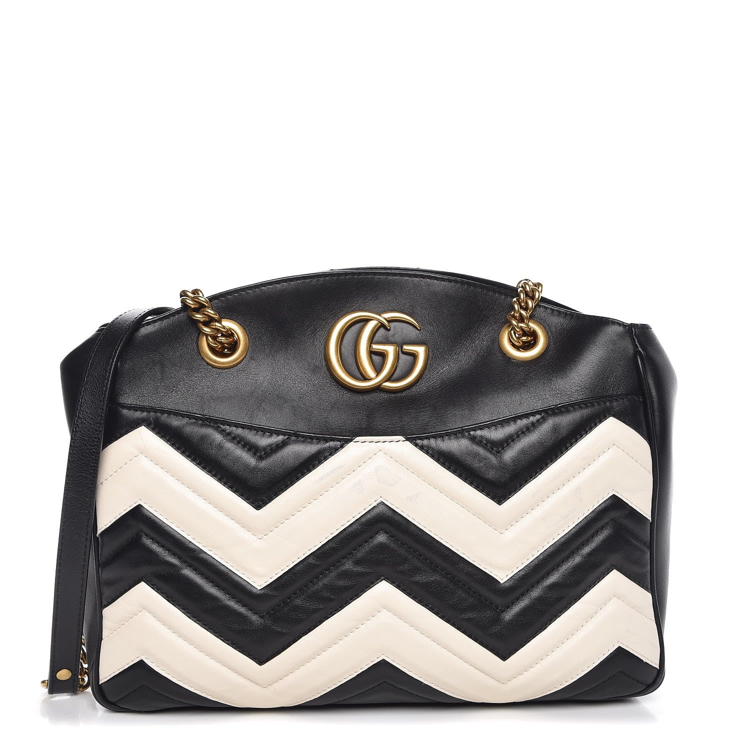 Gucci Calfskin Matelasse Medium GG Marmont Open Top Shoulder Bag Black White 1 of 8