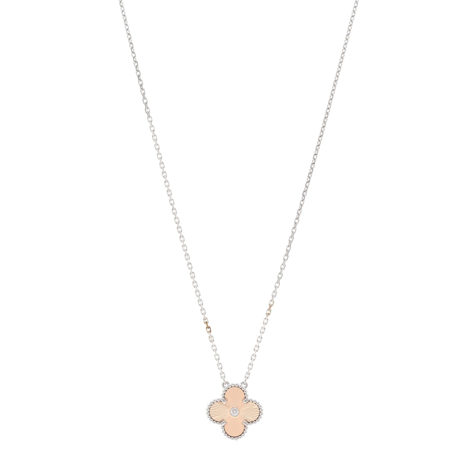 Van Cleef & Arpels 18K White Rose Gold Diamond Guilloche Vintage Alhambra Pendant Necklace 1 of 5