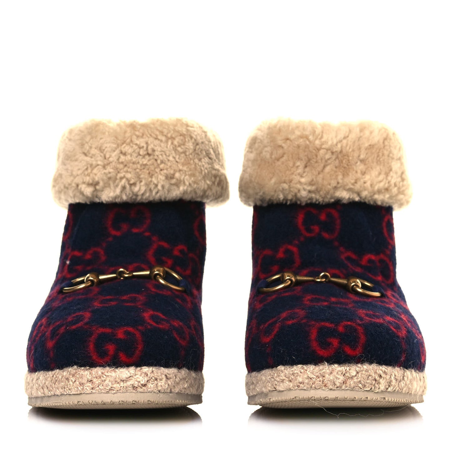 Covered Wool GG Monogram Womens Fria Horsebit Ankle Boots 40.5 Blue Red Butterscotch
