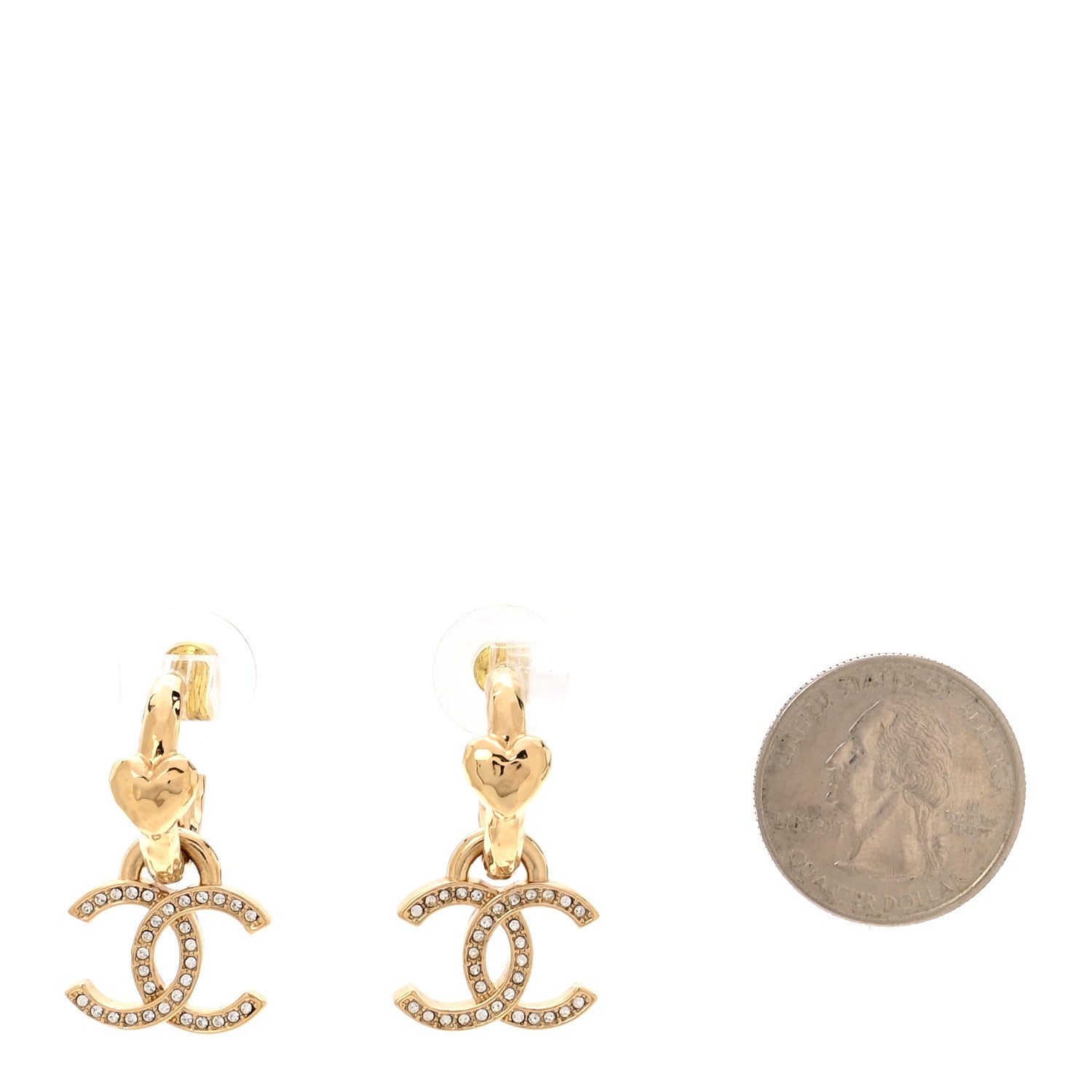 Chanel Metal Crystal CC Heart Drop Hoop Earrings Gold 2 of 4