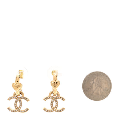 Chanel Metal Crystal CC Heart Drop Hoop Earrings Gold 2 of 4
