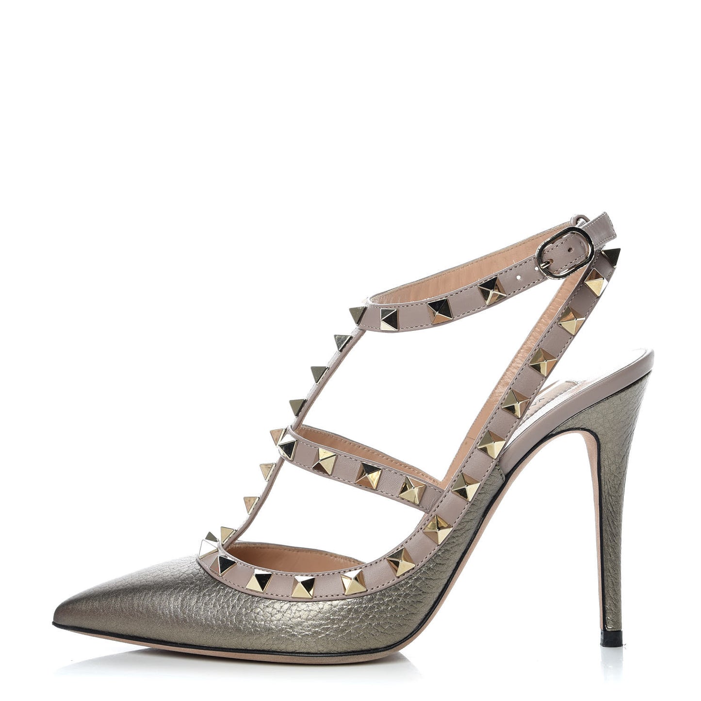 Metallic Pebbled Calfskin Rockstud Ankle Strap 100mm Pumps 37 Sasso Poudre