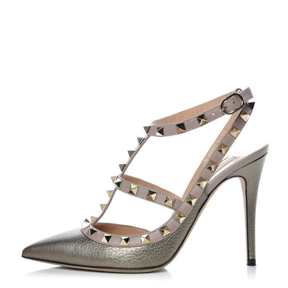 Valentino Garavani Metallic Pebbled Calfskin Rockstud Ankle Strap 100mm Pumps 37 Sasso Poudre 1 of 10