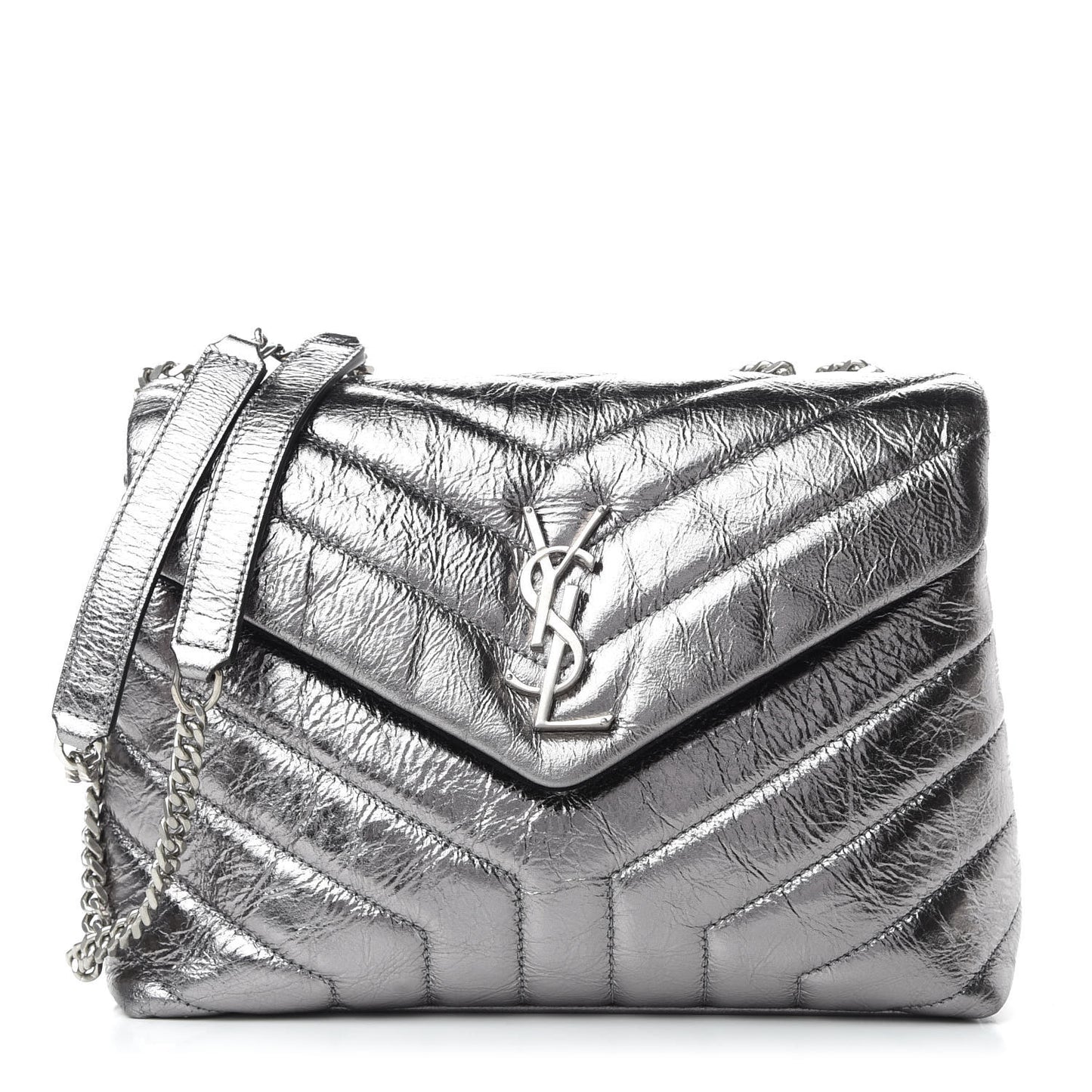 Metallic Calfskin Y Quilted Monogram Small Loulou Chain Satchel Acciaio
