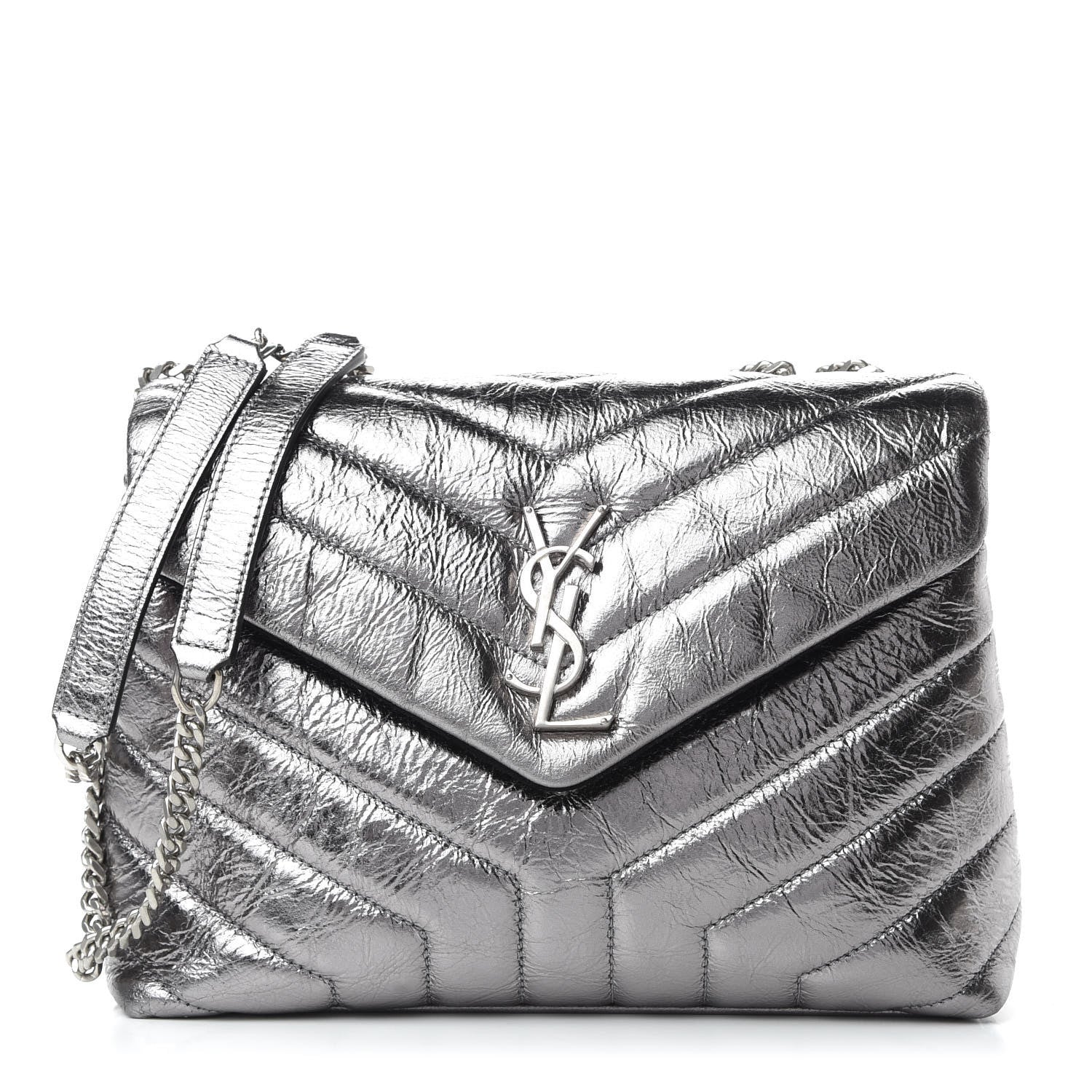 Saint Laurent Metallic Calfskin Y Quilted Monogram Small Loulou Chain Satchel Acciaio 1 of 10