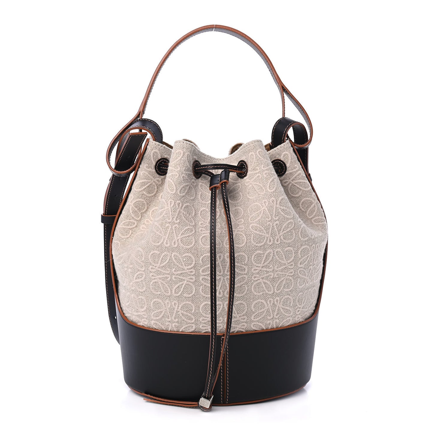 Calfskin Jacquard Linen Anagram Embroidered Balloon Bucket Bag Natural Black