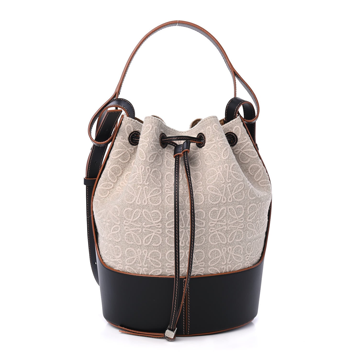 Loewe Calfskin Jacquard Linen Anagram Embroidered Balloon Bucket Bag Natural Black 1 of 4