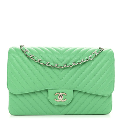 Chanel Caviar Chevron Quilted Jumbo Double Flap Green 1 of 11