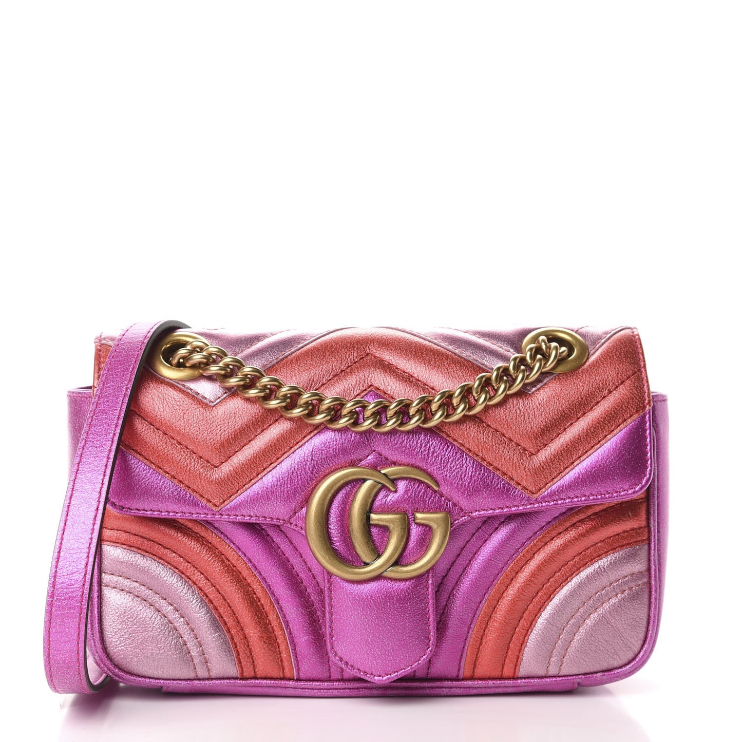 Metallic Calfskin Matelasse Mini GG Marmont Shoulder Bag Fuchsia