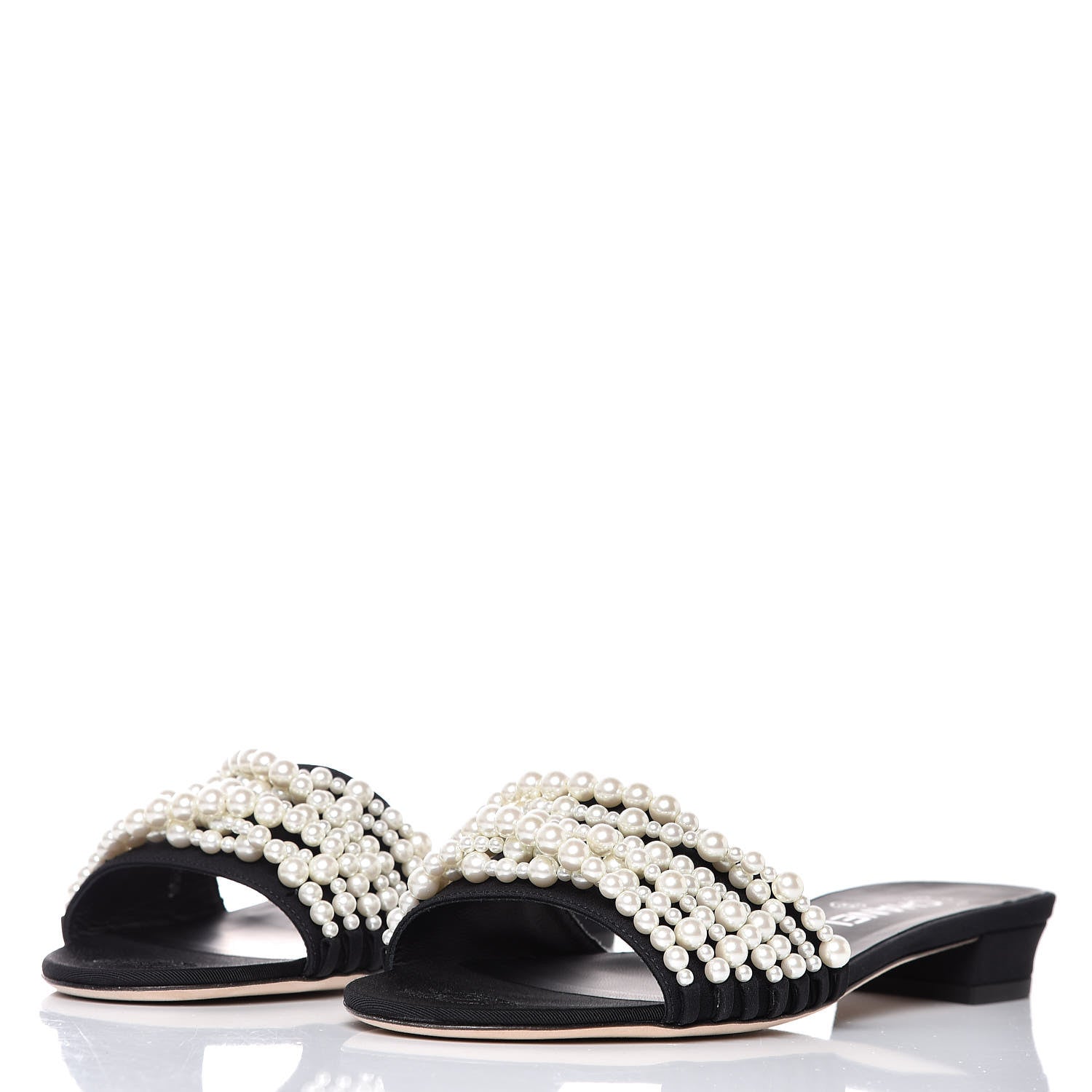 Chanel Satin Pearl Flat Sandals 39 Black 3 of 12