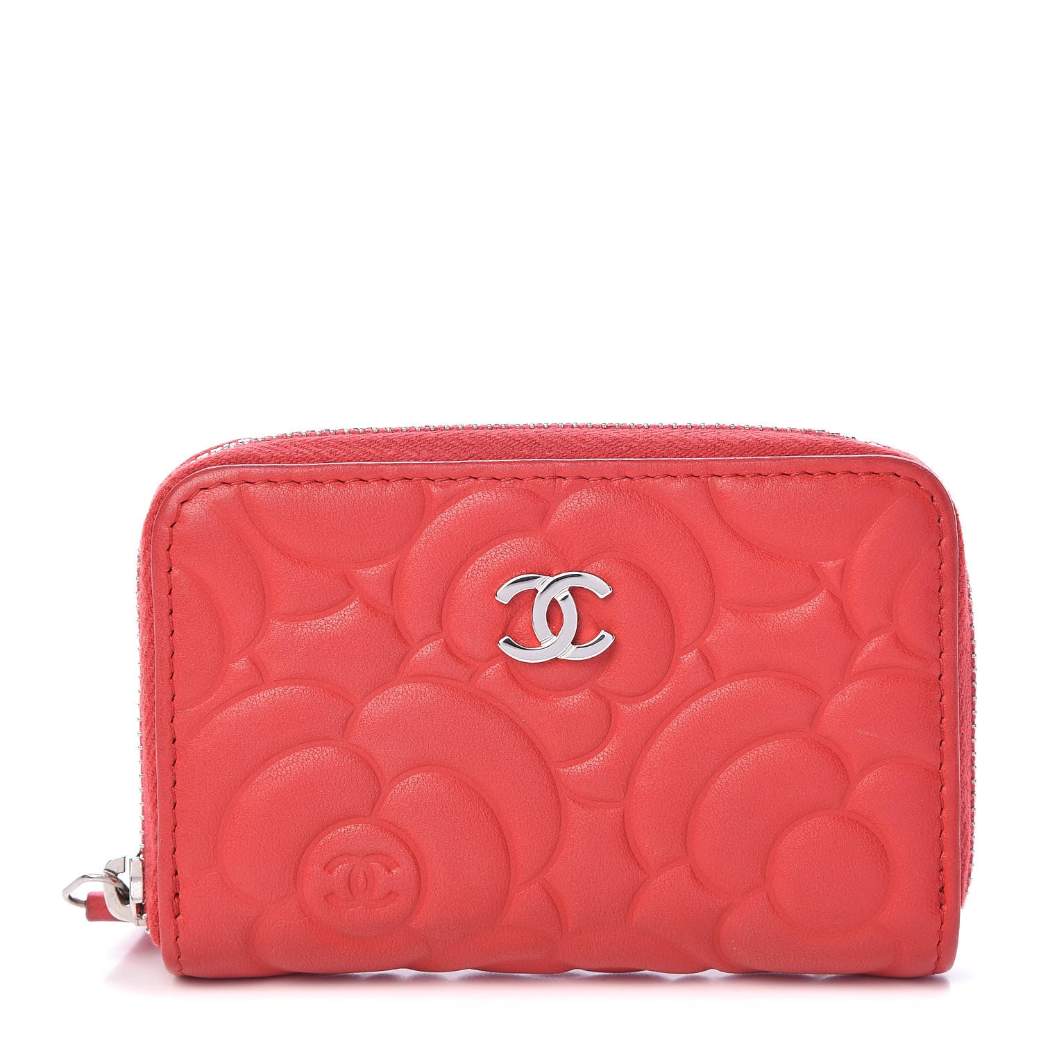 Chanel Lambskin Camellia Embossed Zip Coin Purse Red 1 of 7
