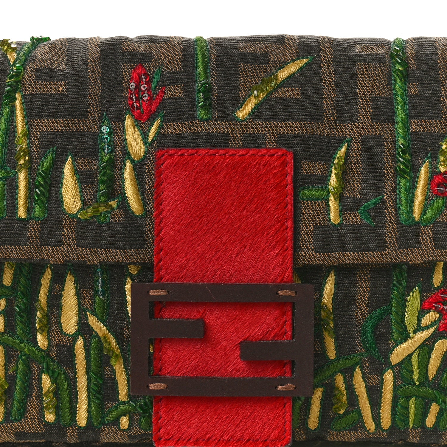 Fendi Zucca Pony Hair Embroidered Baguette Tobacco 7 of 10