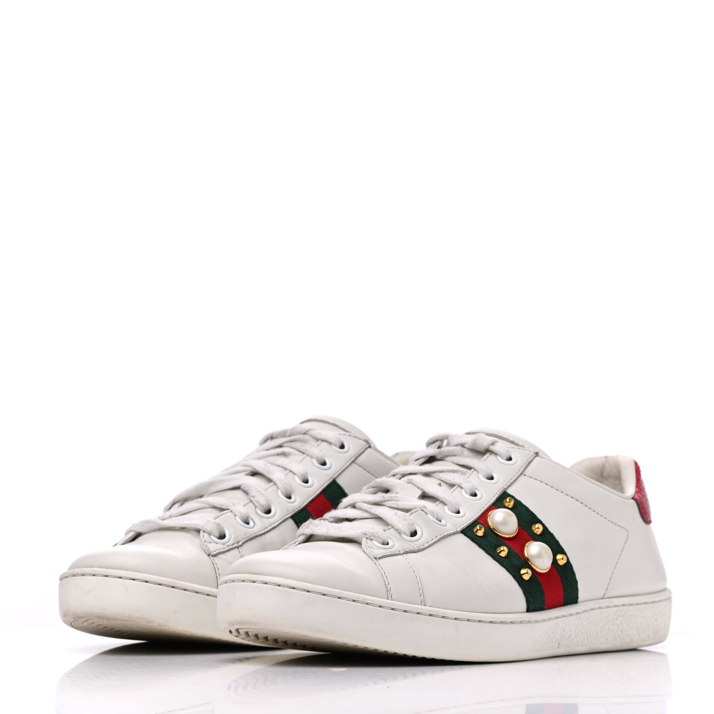 Calfskin Web Pearl Studded Womens Ace Sneakers 36.5 White