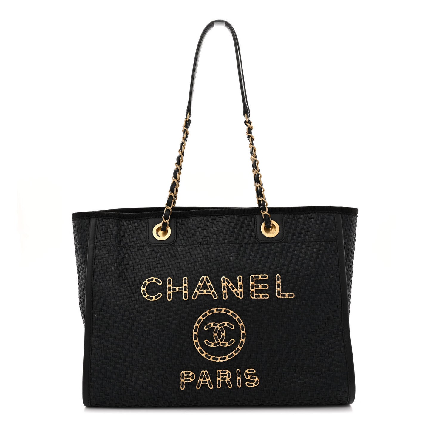 Straw Raffia Calfskin Chain Small Deauville Tote Black