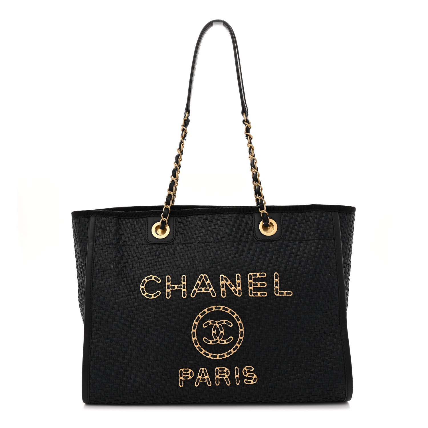 Chanel Straw Raffia Calfskin Chain Small Deauville Tote Black 1 of 13
