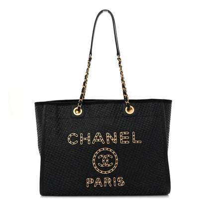 Chanel Straw Raffia Calfskin Chain Small Deauville Tote Black 1 of 13