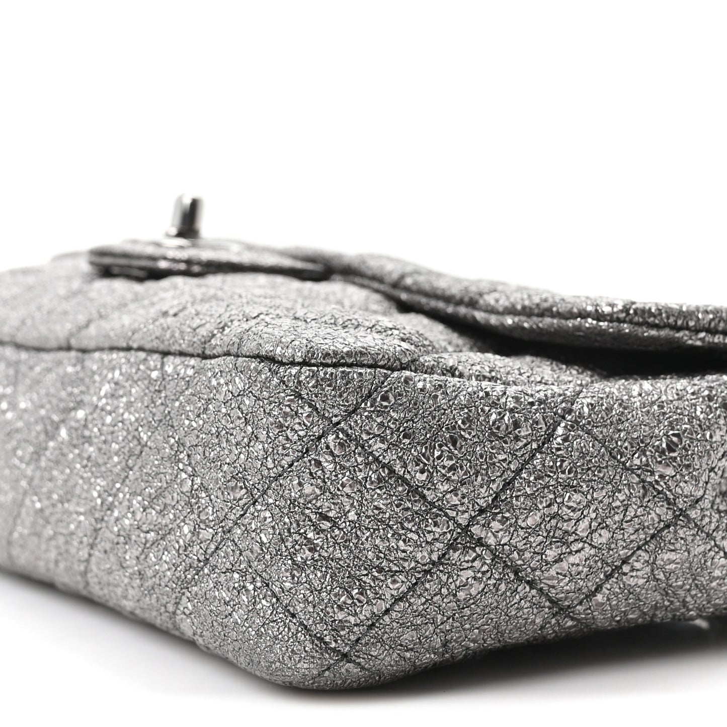 Metallic Crackled Calfskin Quilted East West Flap Dark Silver