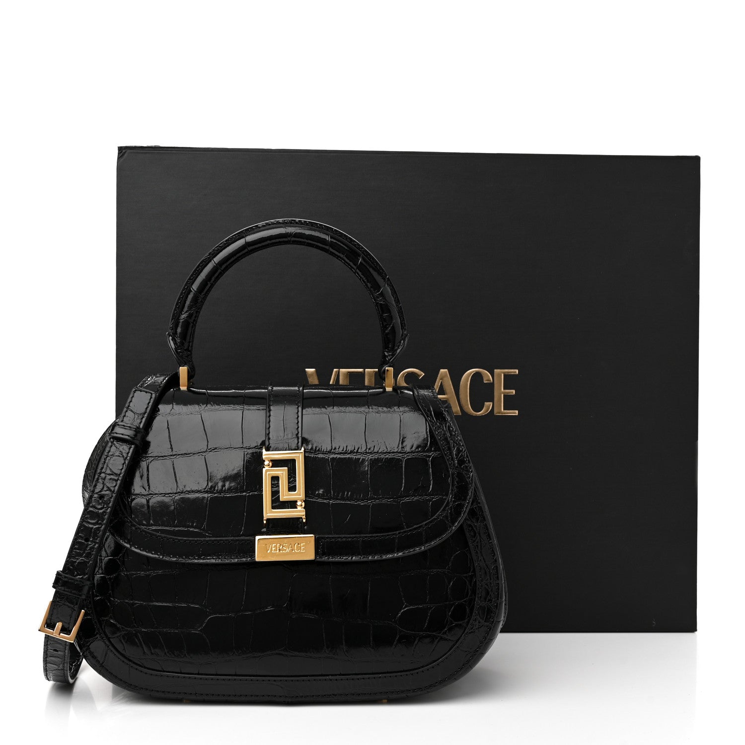 Versace Calfskin Crocodile Embossed Greca Goddess Top Handle Bag Black 11 of 11
