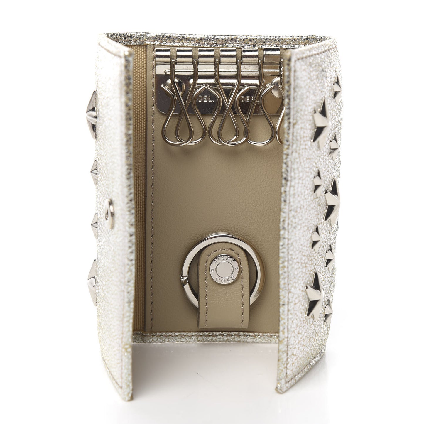 Metallic Calfskin Neptune Star Studded Key Case Champagne