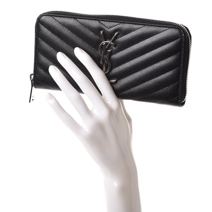 Saint Laurent Grain De Poudre Matelasse Chevron Monogram Zip Around Wallet Black 2 of 7