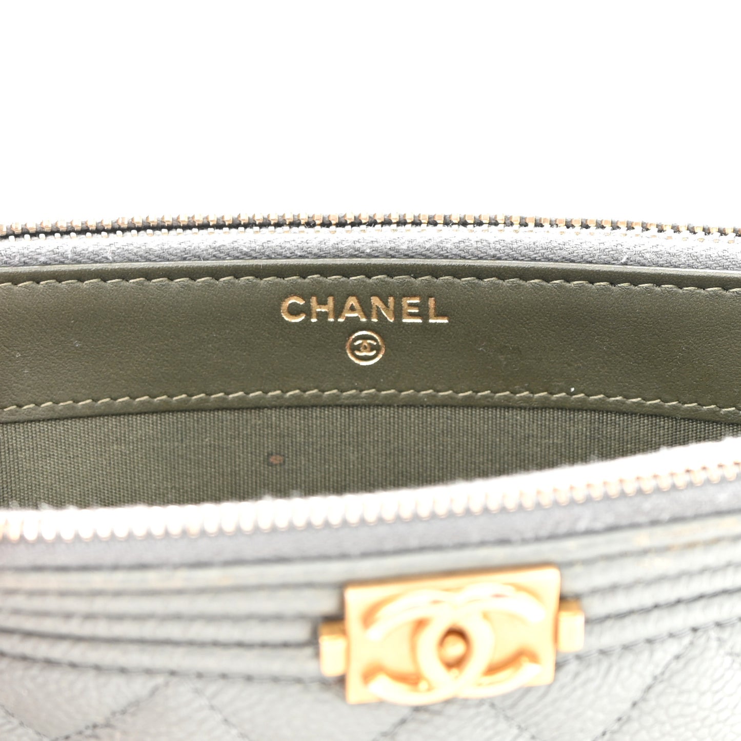 Caviar Quilted Small Boy Clutch With Chain Grey