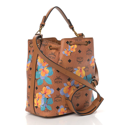MCM Visetos Floral Print Small Drawstring Bucket Bag Cognac 3 of 12